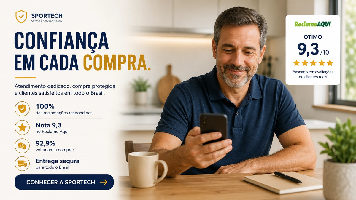 Banner institucional original da Sportech com informações do Reclame Aqui