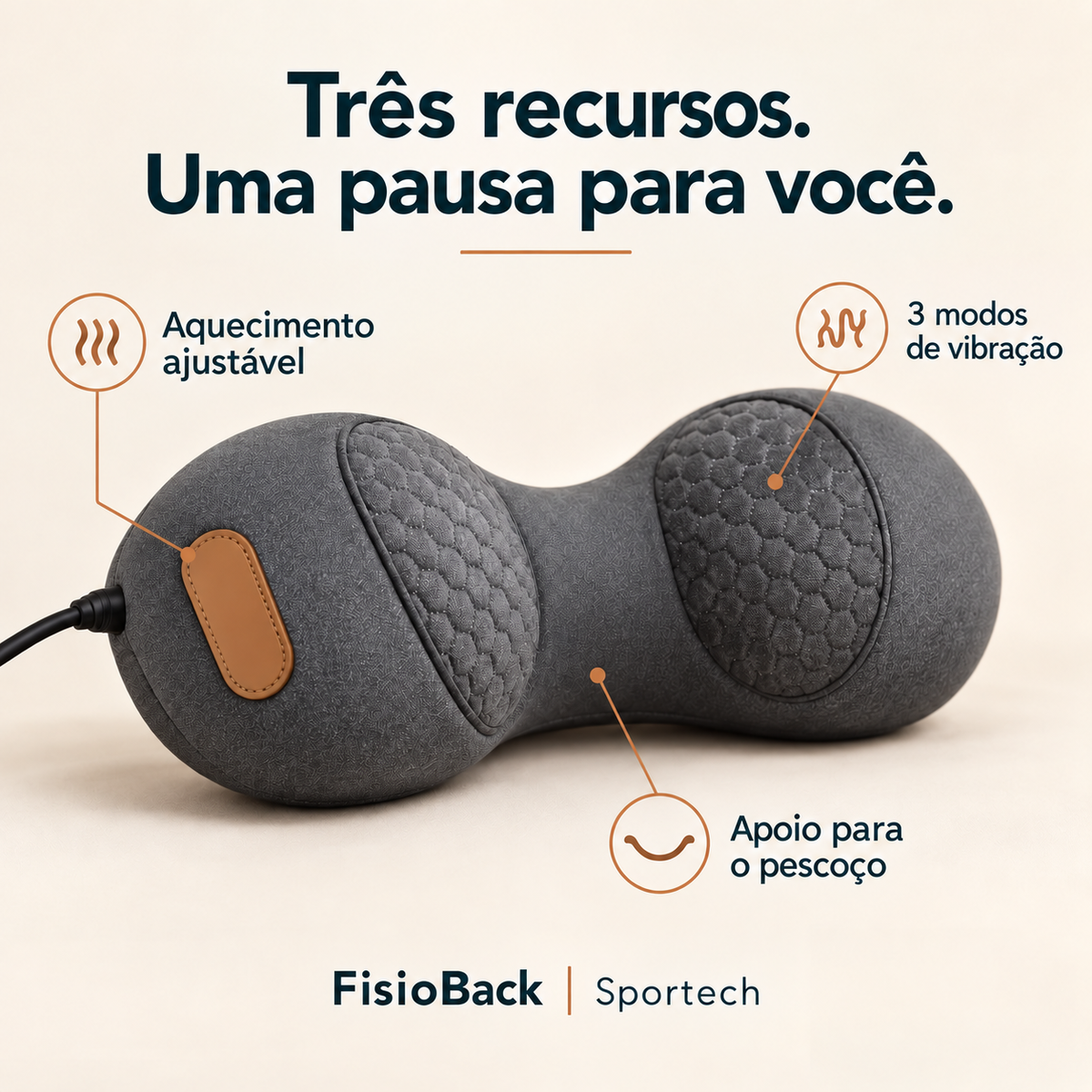 Aquecimento, vibração e apoio cervical do FisioBack